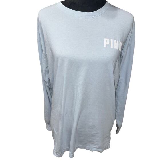 PINK Victoria’s Secret Long Sleeve Tee Cotton Blue L White PINK Dog Logo on back - Picture 1 of 6